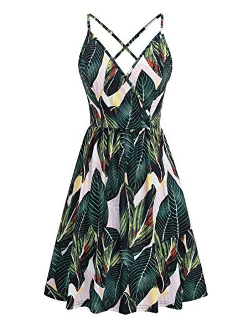 LAISHEN Women's Sundress V Neck Floral Spaghetti Strap Summer Casual Backless Swing Dress with Pocket