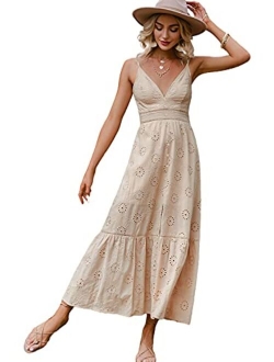 Narspeer Women's Summer White Boho Maxi Dress Beach Spaghetti Straps Floral Midi Long Dress Sleeveless Dress