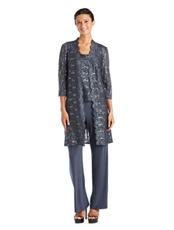 Women's 3 PCE Laced Duster Jacket Shell and Solid Pant