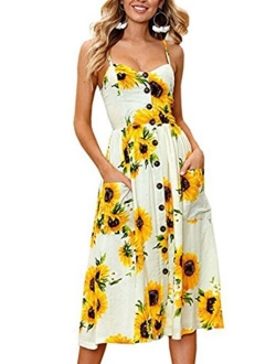 OLUOLIN Women's Summer Floral Print Strap Casual Button Midi Dress with Pockets