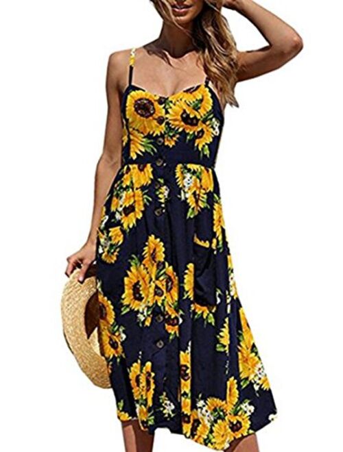 OLUOLIN Women's Summer Floral Print Strap Casual Button Midi Dress with Pockets