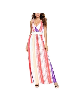 HSMQ Womens Dresses Summer V-Neck Sleeveless Casual Long Dress Tie-dye Printed Party Beach Dress