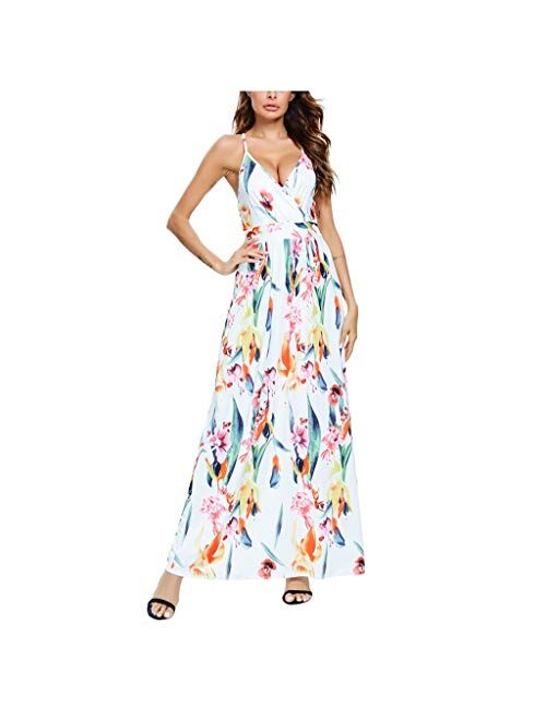 HSMQ Womens Dresses Summer V-Neck Sleeveless Casual Long Dress Tie-dye Printed Party Beach Dress