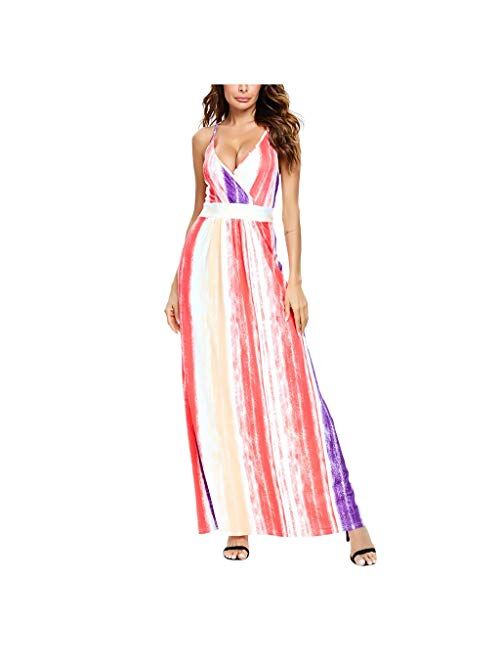 HSMQ Womens Dresses Summer V-Neck Sleeveless Casual Long Dress Tie-dye Printed Party Beach Dress