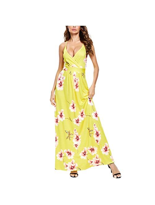 HSMQ Womens Dresses Summer V-Neck Sleeveless Casual Long Dress Tie-dye Printed Party Beach Dress