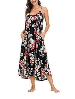 wexcen Women's V-Neck Floral Print Spaghetti Strap Boho Beach Long Maxi Summer Casual Dress with Pockets