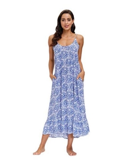 wexcen Women's V-Neck Floral Print Spaghetti Strap Boho Beach Long Maxi Summer Casual Dress with Pockets