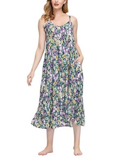 wexcen Women's V-Neck Floral Print Spaghetti Strap Boho Beach Long Maxi Summer Casual Dress with Pockets