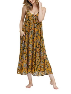 wexcen Women's V-Neck Floral Print Spaghetti Strap Boho Beach Long Maxi Summer Casual Dress with Pockets