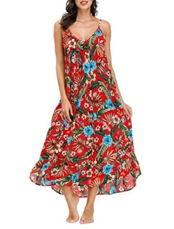 wexcen Women's V-Neck Floral Print Spaghetti Strap Boho Beach Long Maxi Summer Casual Dress with Pockets