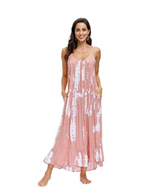 wexcen Women's V-Neck Floral Print Spaghetti Strap Boho Beach Long Maxi Summer Casual Dress with Pockets