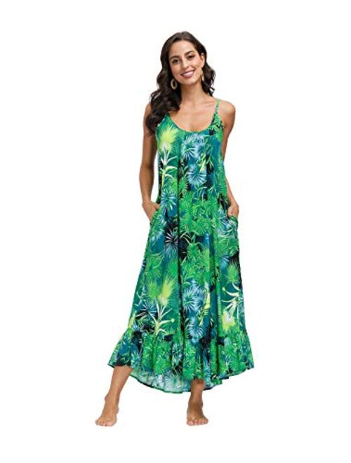 wexcen Women's V-Neck Floral Print Spaghetti Strap Boho Beach Long Maxi Summer Casual Dress with Pockets