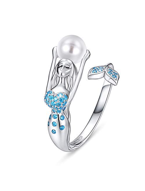 Mermaid Tail Ring, S925 Sterling Silver Dolphin Tail Adjustable Finger Ring for Women Girls Open Ring with Blue Cubic Zirconia& Shell Pearl Valentine's Day Mother's Day G