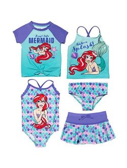 Little Mermaid 5 Piece Swim Set: Rash Guard One-Piece Tankini Bottom Skirt