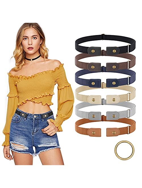 6 pieces No Buckle Stretch Belt for Women Men, Buckle Free Belt Comfortable Invisible Elastic Belts for Jeans Pants Dresses