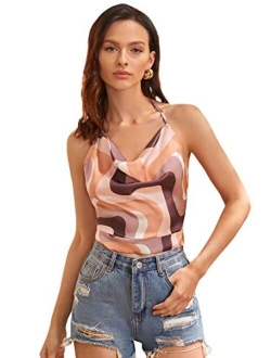 Women's Tie Back Draped Graphic Print Halter Cami Crop Top