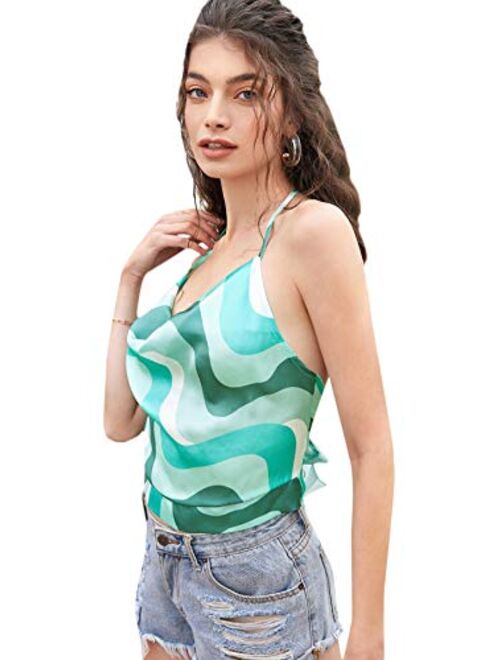 SweatyRocks Women's Tie Back Draped Graphic Print Halter Cami Crop Top