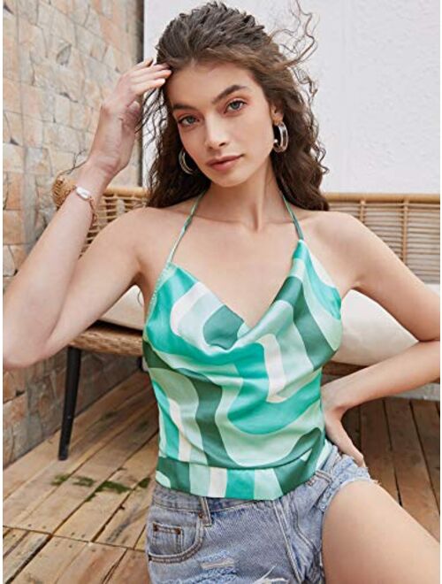 SweatyRocks Women's Tie Back Draped Graphic Print Halter Cami Crop Top