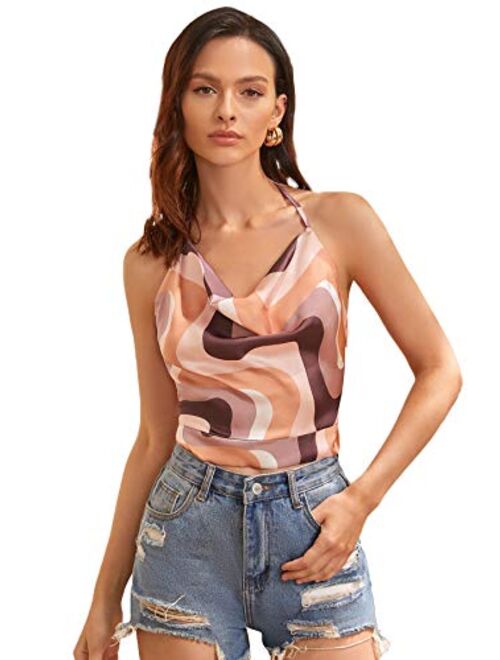 SweatyRocks Women's Tie Back Draped Graphic Print Halter Cami Crop Top