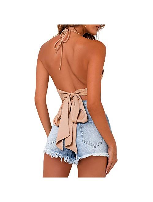 DREAM SLIM-Women's tie Back Halter Crop top Bow Tie Satin Halter Vest Workout Backless Casual Camisole Top tie Tank Tops