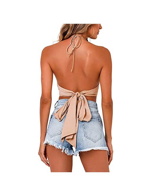 DREAM SLIM-Women's tie Back Halter Crop top Bow Tie Satin Halter Vest Workout Backless Casual Camisole Top tie Tank Tops