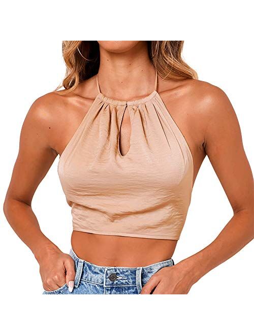 DREAM SLIM-Women's tie Back Halter Crop top Bow Tie Satin Halter Vest Workout Backless Casual Camisole Top tie Tank Tops