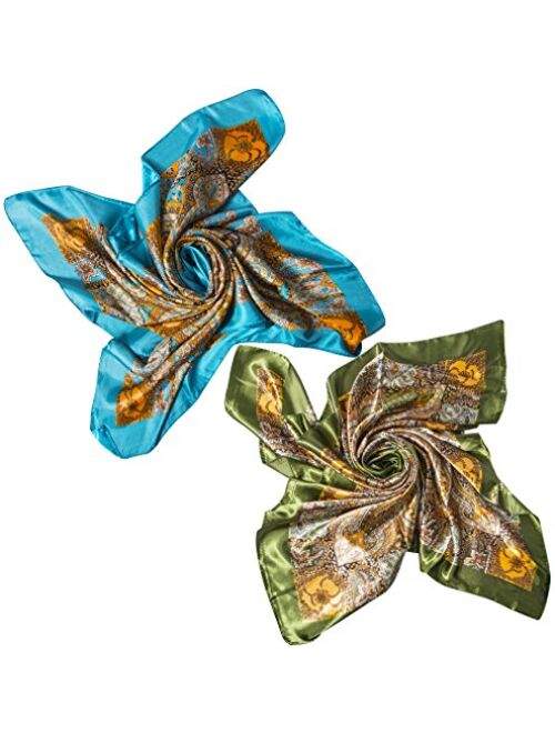 2 PCS Women's Large Satin Square Silk Feeling Hair Scarf 35 x 35 inches