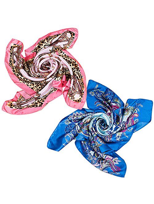 2 PCS Women's Large Satin Square Silk Feeling Hair Scarf 35 x 35 inches