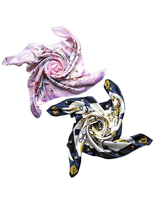 2 PCS Women's Large Satin Square Silk Feeling Hair Scarf 35 x 35 inches