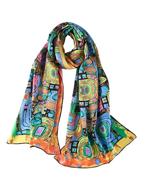 Women's Long Charmeuse Silk Scarf Classic Art Print