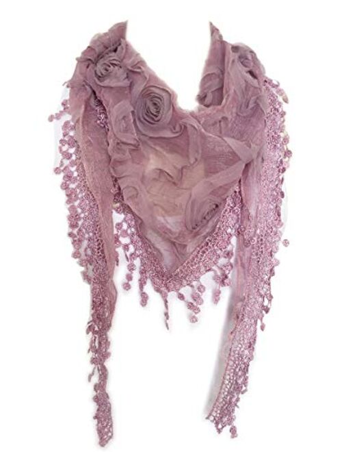 Women Lightweight Flower Lace Silk Scarf Knit Oblong Cotton Fringe Scarf for Women