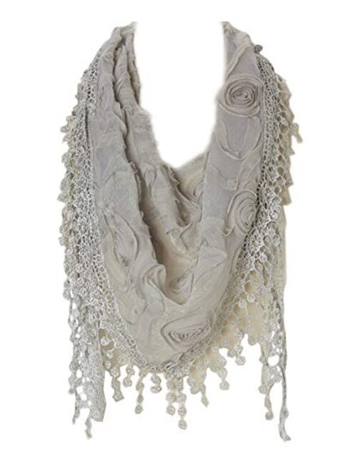 Women Lightweight Flower Lace Silk Scarf Knit Oblong Cotton Fringe Scarf for Women