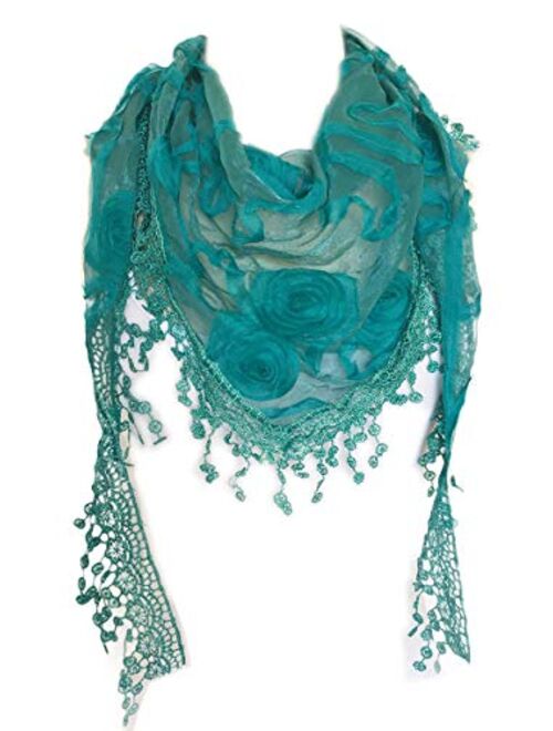 Women Lightweight Flower Lace Silk Scarf Knit Oblong Cotton Fringe Scarf for Women