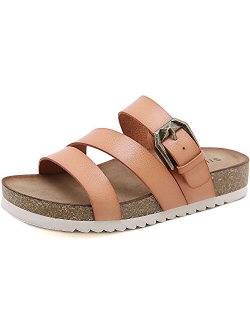 Womens Slide Sandals with Cork Footbed Open Toe Flat Sandals with Adjustable Buckle