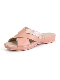 Women's Leather Sandals Cross-Strap Wedge Sandal Open Toe Summer Slippers Non Slip