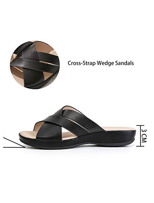 ChayChax Women's Leather Sandals Cross-Strap Wedge Sandal Open Toe Summer Slippers Non Slip