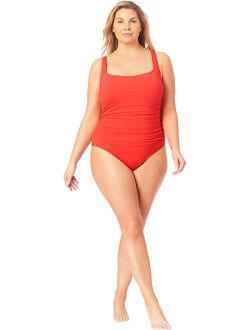 Plus Size Live in Color Square Neck Front Shirred Over the Shoulder One-Piece