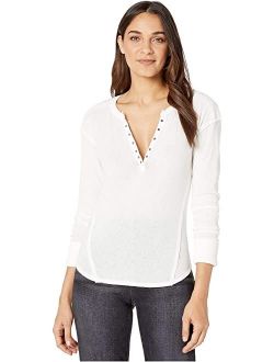 Women's Solid Long Sleeve V Neck Military Mix Henley Top