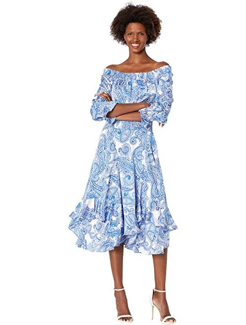 Hammered Satin Off-the-Shoulder Paisley Print Dress with Smocked Waist