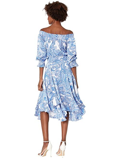 Hammered Satin Off-the-Shoulder Paisley Print Dress with Smocked Waist