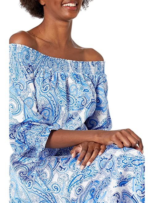 Hammered Satin Off-the-Shoulder Paisley Print Dress with Smocked Waist