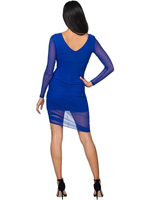 Bebe Mesh Long Sleeve Side Ruched Dress