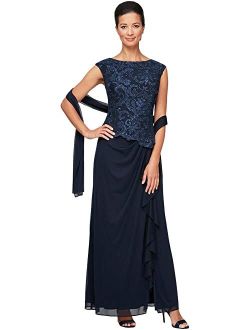 Long Sleeveless Embroidered Mock Dress with Ruched Skirt Detail and Lace Bodice