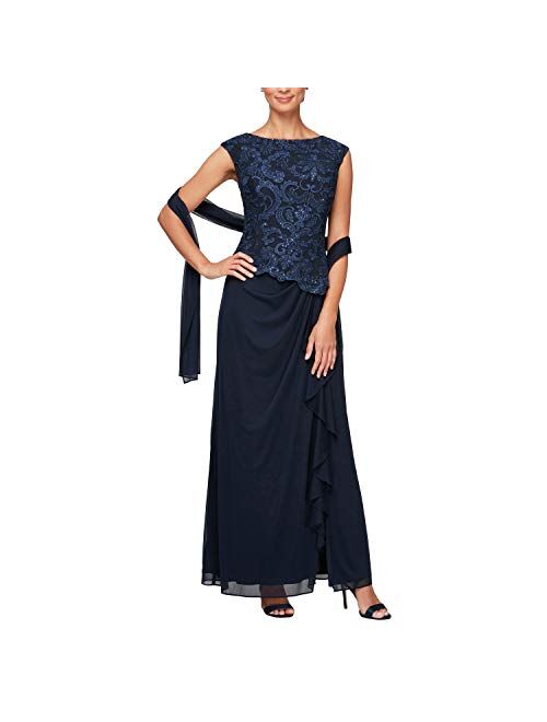 Alex Evenings Long Sleeveless Embroidered Mock Dress with Ruched Skirt Detail and Lace Bodice