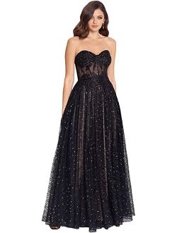 Long Strapless Embroidered Lace Gown