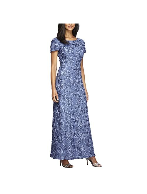 Alex Evenings Women's Plus Size Long A-Line Rosette Dress with Short Sleeves