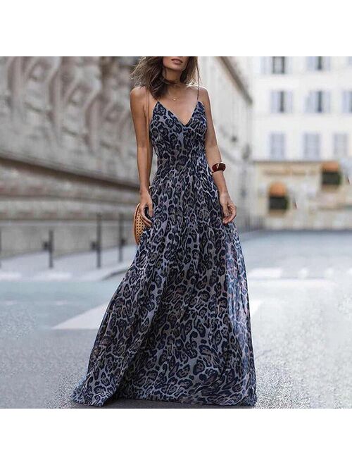 Fashion Sexy Dress Leopard V-Neck Sling Dress Maxi Dresses Women Summer Sleeveless Chiffon Beach Long Dress Robe Tops Dress