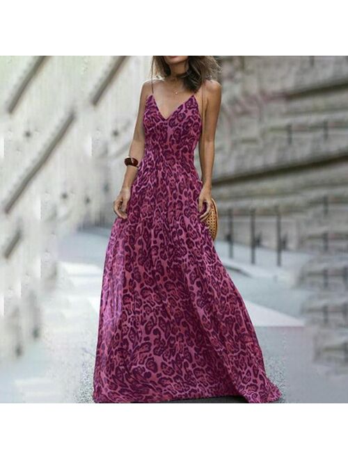 Fashion Sexy Dress Leopard V-Neck Sling Dress Maxi Dresses Women Summer Sleeveless Chiffon Beach Long Dress Robe Tops Dress