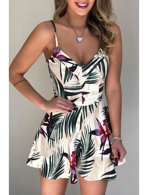 White Floral Print Spaghetti Straps Playsuit