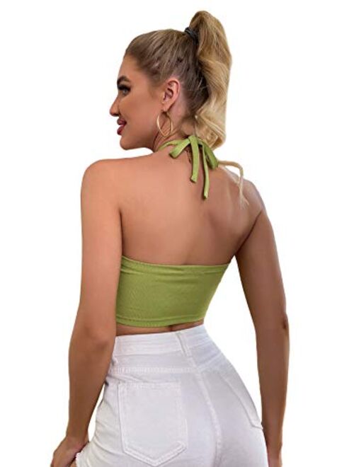 SheIn Women's Ruched Tie Back Halter Crop Top Sleeveless Crisscross Solid Camisole